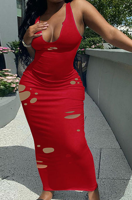 Deep V Neck Cultivate One's Morality Hole Hurnt Flower Sexy Long Dress Q829