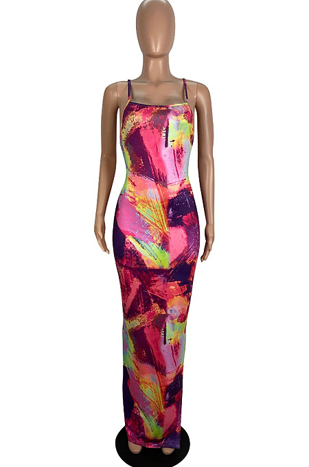 Fashion Summer Coloured Drawing Print Sling Long Dress LS6441