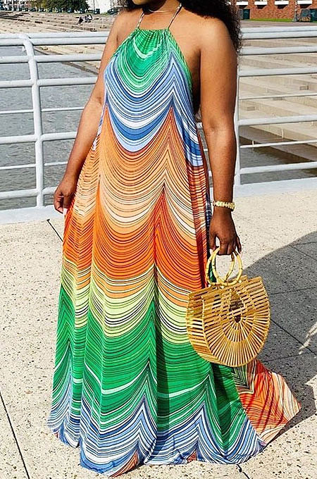 Colourful Sleeveless Halter Neck Long Dress QZW136