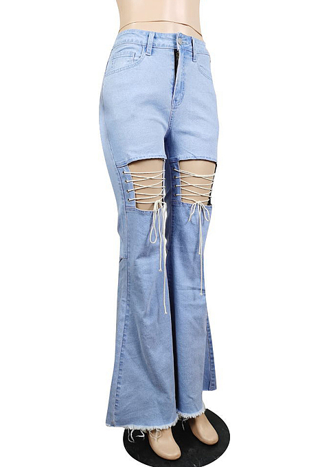 Summer Casual Water Washing Bind Cowboy Flared Pant E8596 