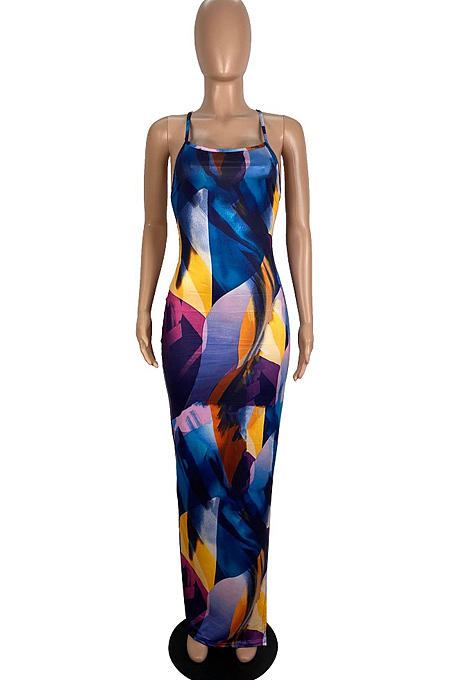 Fashion Summer Coloured Drawing Print Sling Long Dress LS6441