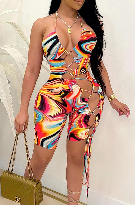 Sexy Bind Tie Dye Sling Hollow Out Jumpsuits HG118