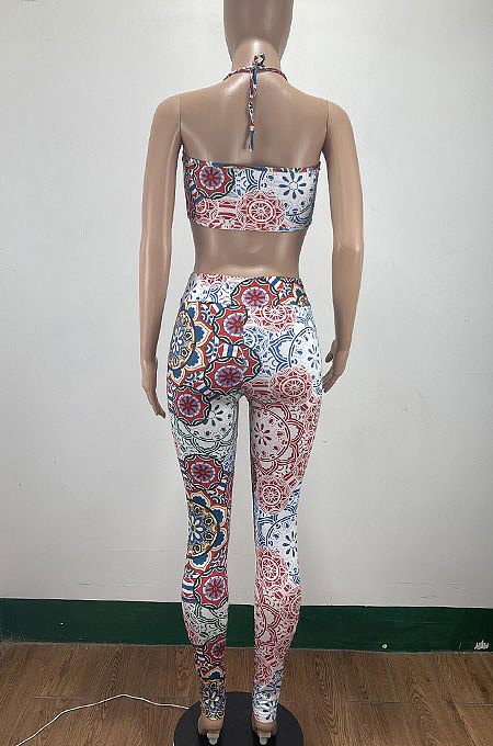 Sexy Halter Neck Chest Wrap Printing Tight Yoga Suits Two-Pieces AMM8344