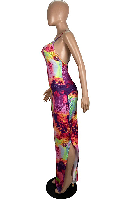 Fashion Summer Coloured Drawing Print Sling Long Dress LS6441