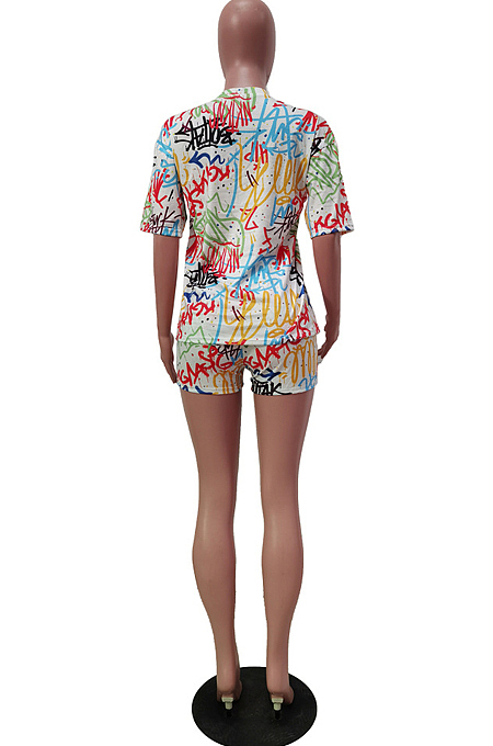 Casual Graffiti Print Sports Short Sleeve Shorts Two-Piece TRS1138