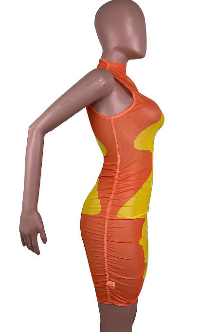 Printing Sexy Ruffle Sleeveless Mini Dress R6423