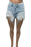 Personality Sequin Tassel Spliced Washed Jeans Shorts Q857