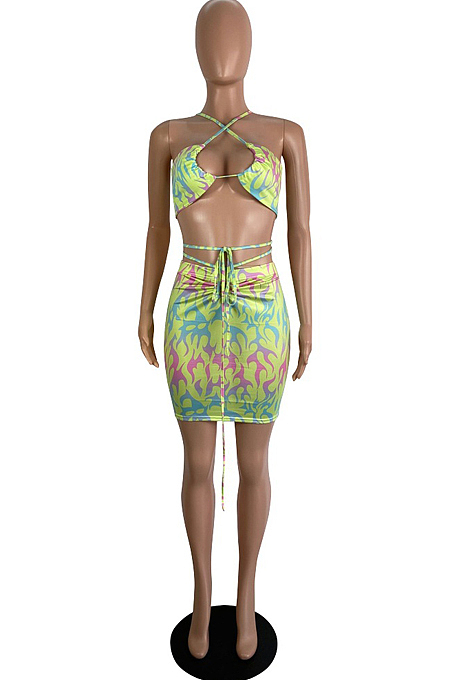 Sexy Summer Cultivate One's Morality Flame Print Sling Sets LS6440