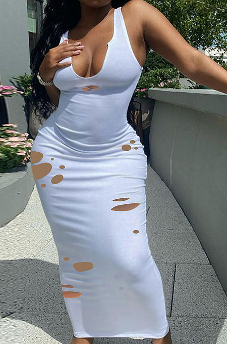 Deep V Neck Cultivate One's Morality Hole Hurnt Flower Sexy Long Dress Q829