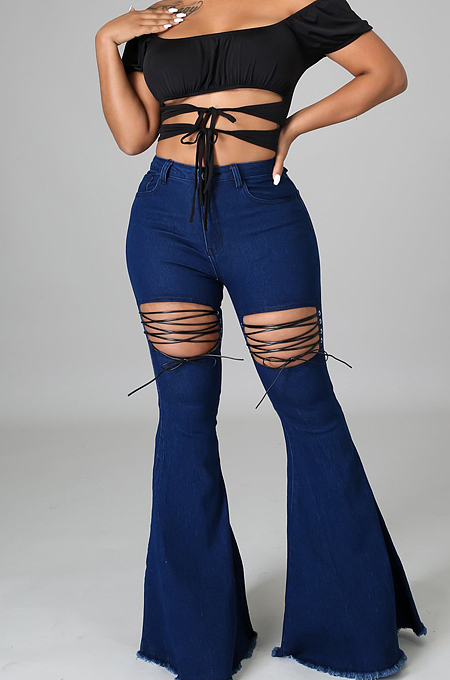 Summer Casual Water Washing Bind Cowboy Flared Pant E8596 