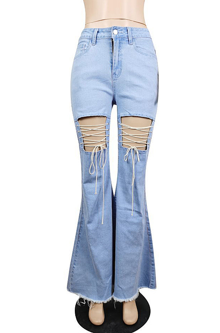 Summer Casual Water Washing Bind Cowboy Flared Pant E8596 