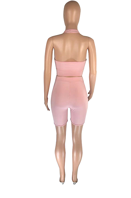Sexy Pure Color  Hole  Bandage Halter  Shorts Sets SML8241