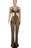 Trendy Double Net Yarn Condole Belt Tight Wide Leg Jumpsuits CY1333