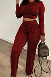 Euramerican Pure Color Casual Fold Long Sleeve Loose Pants Sets TRS1149