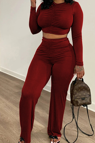 Euramerican Pure Color Casual Fold Long Sleeve Loose Pants Sets TRS1149