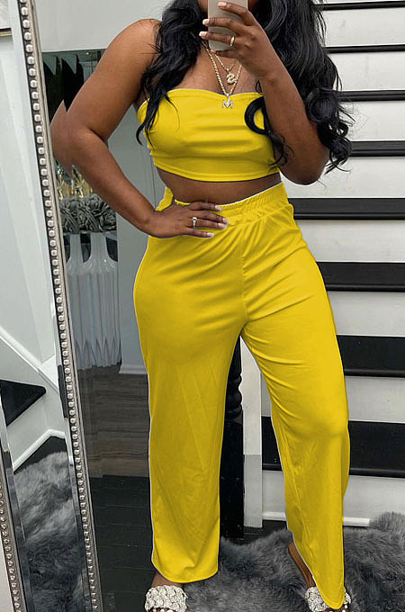 Fashion Pure Color Chest Wrap Loose Long Pants Sets R6436