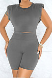 Multi Sport Shoulder Sleeve Pure Color Shorts Sets Q809