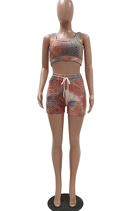 Fashion Women Tie Dye Yoge Sports Vest Shorts Two-Piece TRS1145