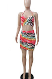 Printing Halter Neck Backless Chest Wrap Shirred Detail Package Buttocks Sexy Skirts Sets DY6979