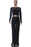 Euramerican Pure Color Casual Fold Long Sleeve Loose Pants Sets TRS1149