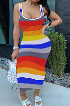 Fashion Contrast Color Stripe Print Package Buttocks Sext Dress H1655