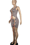 Women Bind Hollow Out Dew Waist Sleeveless Package Buttocks Mini Dress CY1329
