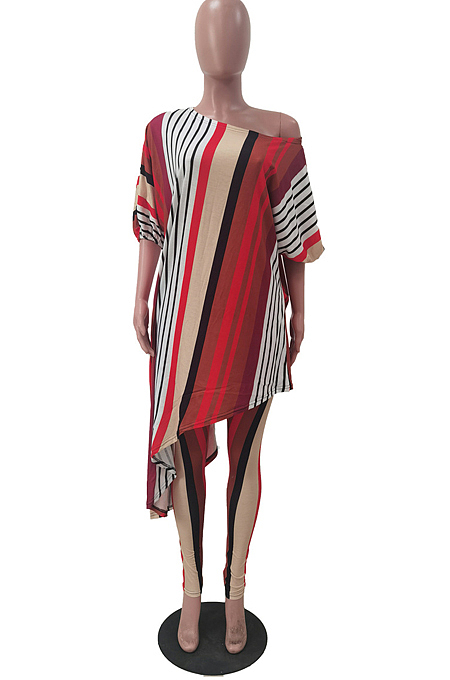 Fashion Stripe Print Irregular T-Shrit Two-Piece TRS1156