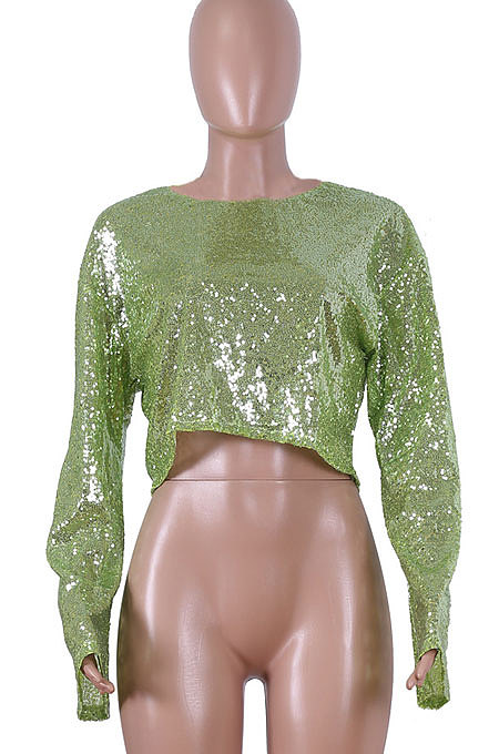 Round Neck Sequins Horn Sleeve Pure Color Tops Q355