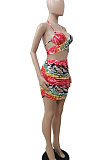 Printing Halter Neck Backless Chest Wrap Shirred Detail Package Buttocks Sexy Skirts Sets DY6979