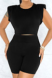 Multi Sport Shoulder Sleeve Pure Color Shorts Sets Q809