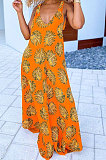 Personality Printing V Neck Sleeveless Knotted Strap Casual Wide Leg Jumpsuits DY6660