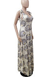 Personality Printing V Neck Sleeveless Knotted Strap Casual Wide Leg Jumpsuits DY6660