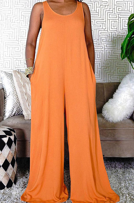Euramerican Casual Pure Color Vest Loose Pant Jumpsuits TRS1153