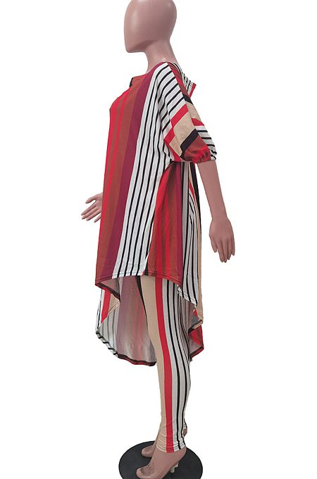 Fashion Stripe Print Irregular T-Shrit Two-Piece TRS1156