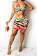 Printing Halter Neck Backless Chest Wrap Shirred Detail Package Buttocks Sexy Skirts Sets DY6979