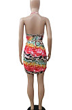 Printing Halter Neck Backless Chest Wrap Shirred Detail Package Buttocks Sexy Skirts Sets DY6979