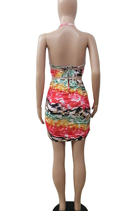 Printing Halter Neck Backless Chest Wrap Shirred Detail Package Buttocks Sexy Skirts Sets DY6979