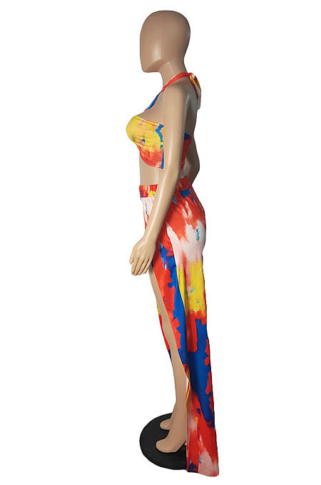 Fashion Tie Dye Halter Neck Sexy Open Fork Two-Pieces RB3163