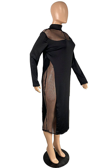 Plus Size Sexy Black Net Yarn High collar Long Dress TC072