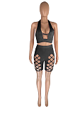 Sexy Pure Color  Hole  Bandage Halter  Shorts Sets SML8241