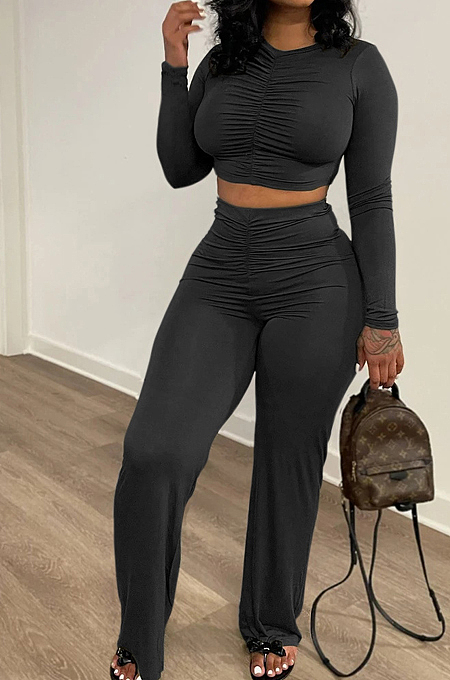 Euramerican Pure Color Casual Fold Long Sleeve Loose Pants Sets TRS1149