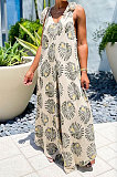 Personality Printing V Neck Sleeveless Knotted Strap Casual Wide Leg Jumpsuits DY6660