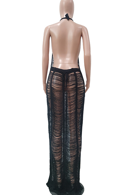 WHOLESALE | Sexy Pure Color Hang A Neck Knit Beach Long Dress TRS1150