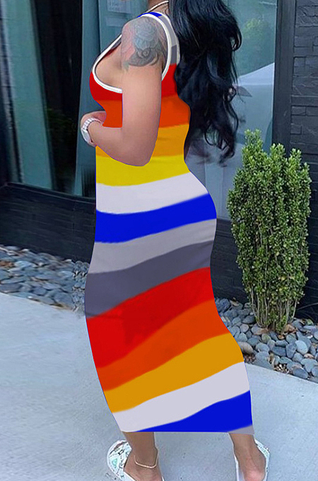Fashion Contrast Color Stripe Print Package Buttocks Sext Dress H1655