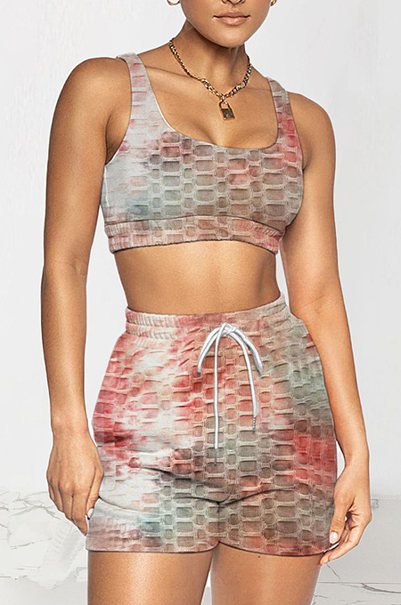 Fashion Women Tie Dye Yoge Sports Vest Shorts Two-Piece TRS1145