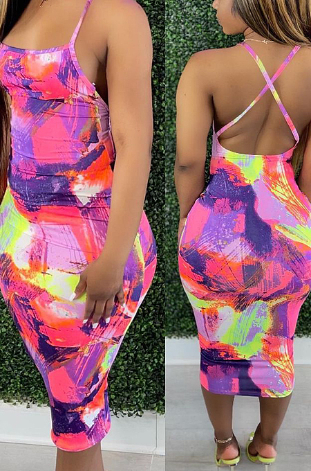 Euramerican Sping Summer Print Sling Tight Dress H1638