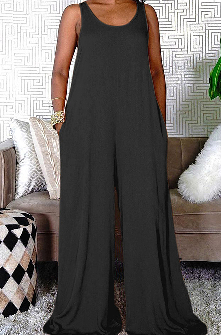 Euramerican Casual Pure Color Vest Loose Pant Jumpsuits TRS1153