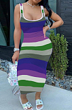 Fashion Contrast Color Stripe Print Package Buttocks Sext Dress H1655