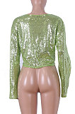 Round Neck Sequins Horn Sleeve Pure Color Tops Q355