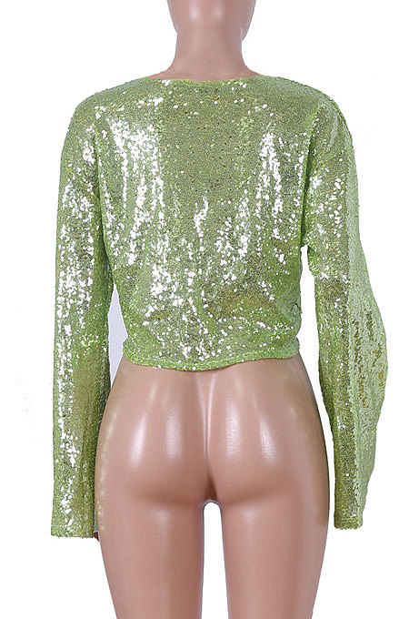 Round Neck Sequins Horn Sleeve Pure Color Tops Q355